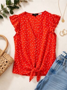 Eclair Red White Polka Dot Tie Front‎ Flutter Sleeve Blouse Cottagecore Top